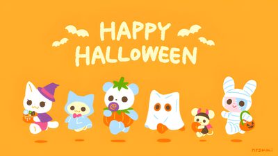 halloween wallpaper with cute cartoon animals and the words happy halloween written in white on an orange background Sanrio Halloween Gif 2d Cartoon, Cute Halloween Desktop, Hamtaro Halloween, Acnh Halloween, goldenrod