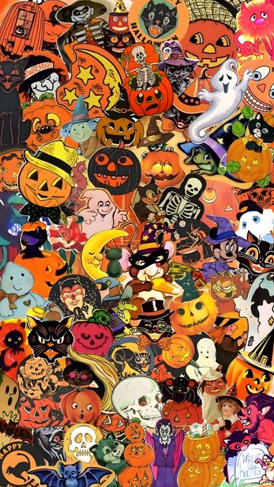 many different types of halloween stickers are arranged together in this image, including pumpkins and Beistle Halloween Halloween Backgrounds Collage, Halloween Cute, Halloween Vintage, Nostalgia, sienna