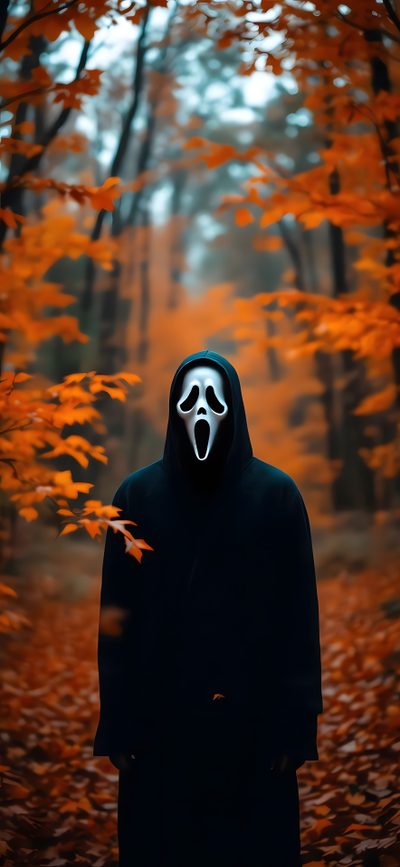 a person wearing a mask and standing in the middle of a forest with leaves all around Ios 26 Depth Effect Halloween Ios 26 4k, Movie Character, Scream Characters, saddle brown