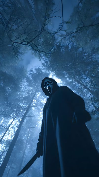 a person in a hooded suit holding a knife and standing in the woods at night Halloween Depth Effect Ghostface Pictures, Ghostface Iphone, Iphone Dark, dark slate gray