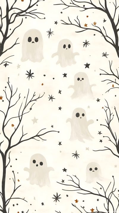 an image of halloween wallpaper with ghost and stars Halloween Ghost For Nursery Ghost Cartoon, Tiny Star, Free Download, Aesthetic, Ghost, floral white