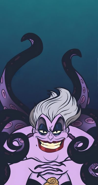 an image of a cartoon character with tentacles on his head and eyes, in front of a blue background Halloween Villains Ursula Arielle, Ursula Theme, What Would Ursula Steal From You, dark slate gray