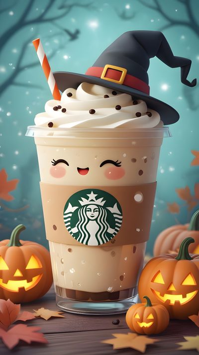 a starbucks drink with a witches hat and pumpkins around it Halloween Starbucks Happy Halloween Pictures, Halloween Backgrounds, Cute For Android, Iphone Kawaii, gray
