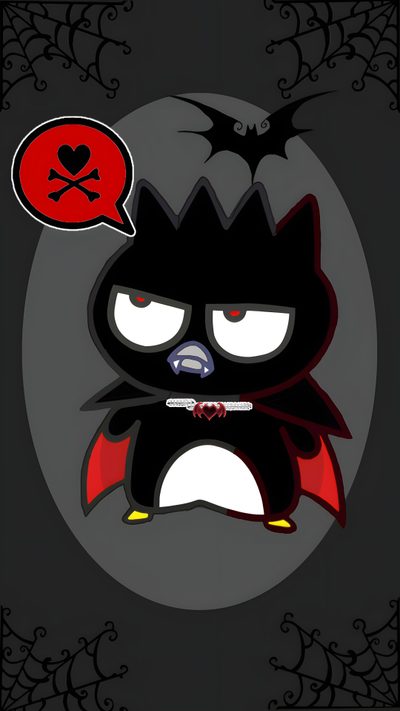 a cartoon character with an evil look on his face, and a speech bubble above it Badtz Maru Halloween Badtz Maru Halloween, Badtz Maru Vampire, Badtz Maru Background, Badtz Maru, black