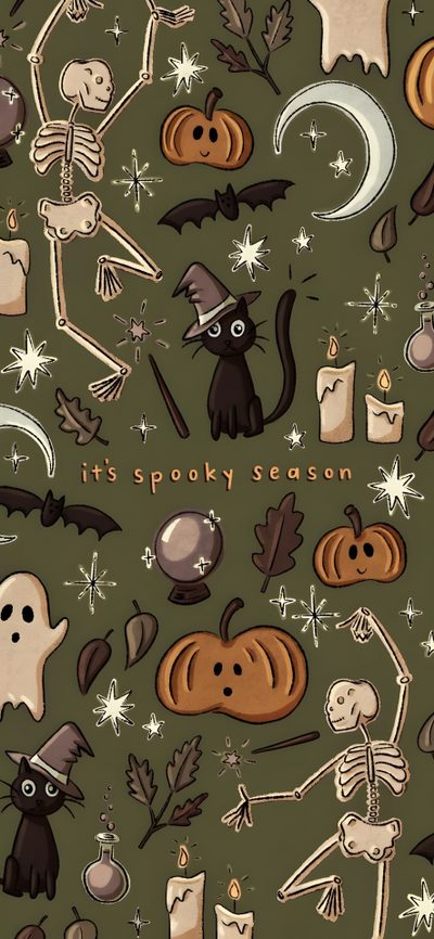 an image of halloween seamless pattern with skeletons and pumpkins on green background that says it's spooky season Aesthetic Sage Green Halloween Ipad Halloween, Iphone Halloween Aesthetic, Halloween Iphone Aesthetic,