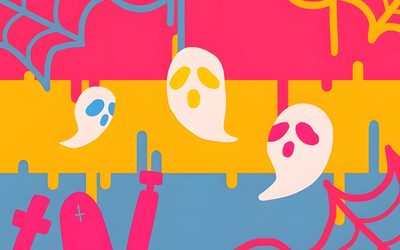 three ghost heads hanging from a line with crosses and candles in front of them, against a multi - colored background Halloween Pride Flag Halloween Pride, Halloween Pan Flag, Halloween Pride Flag, light salmon