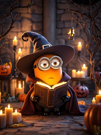the minion is reading a book in front of candles Minions Halloween Minion Dia De Muertos, Minions Halloween Gif, Wizard Minion, dark slate gray