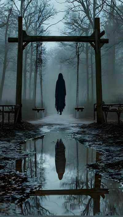 a person standing in the middle of a forest with swings and benches on either side Horror Background With Scary Monster Halloween Spooky Dark And Scary Aesthetic, Scary Aesthetic, Horror Scenery, dark slate gray