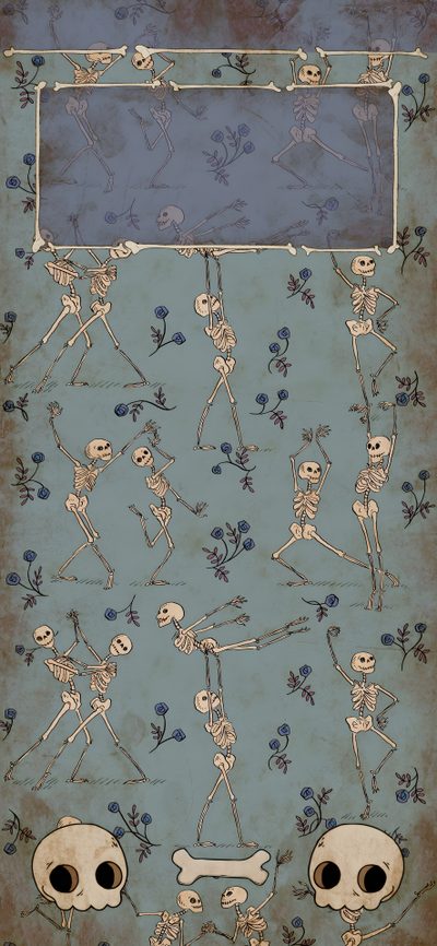 an old poster with skeletons and flowers on the back ground, in front of a blue background Matching Halloween Halloween Party Decoration Ideas, Halloween Skeleton Art, Skeletons Dancing Illustration, gray