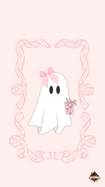 the ghost is holding a cup in her hand Pink Coquette Halloween Ghost Bow, Pink Coquette Halloween, Ghost With Bows, seashell