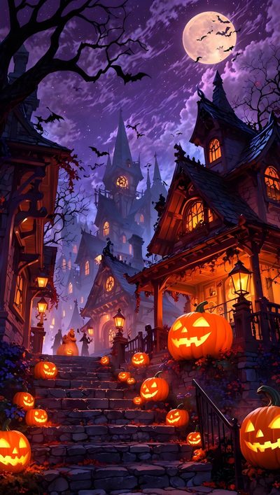 an image of a halloween scene with pumpkins on the steps and scary houses in the background Halloween Cartoon Hd Halloween, Halloween Cute, Haunted Village, Wow Halloween, dark slate gray