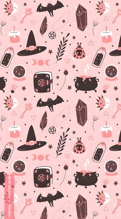 a pink background with black and white items on it's side, including an image of witches Pastel Halloween Party Black Pink Halloween Phone Theme, Pink Autumn, Cute Pink Halloween Phone Background, misty rose