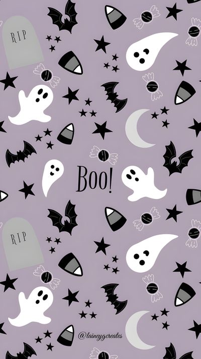 a purple background with black and white halloween items on it, including bats, ghost heads, and stars Boho Halloween On Light Purple Halloween Walpappers, Hallowen Wallpers, Light Purple Halloween, dark gray
