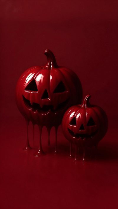 two red pumpkins sitting on top of each other covered in melted paint and dripping blood Burgundy Halloween Red Halloween, Dark Red Halloween Aesthetic, Skull, Glass Pumpkins, Samhain, maroon
