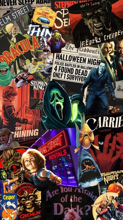 a collage of posters and stickers on a black background with the words halloween Halloween Movie Phone Classic Horror Film Posters, Halloween Decoration Ideas, Horror Movie Night Inspiration, dark slate gray