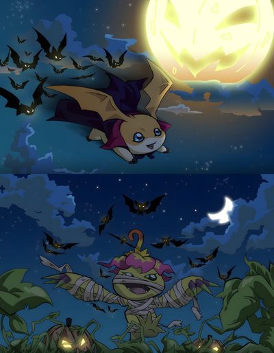 two pictures with bats flying in the sky and one has a bat on it's head Digimon Halloween Digimon Tamers, Digimon Adventure Tri, Digimon Adventure, Digimon, dark slate gray