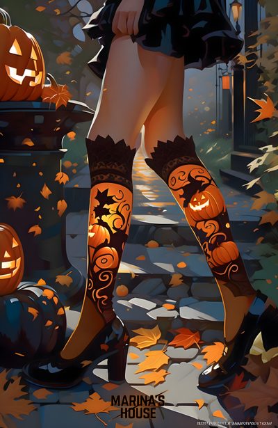 a woman in black dress and stockings with pumpkins on her legs, standing next to a Happy Halloween Stockings Witch Boots Drawing, Halloween Boots Drawing, Witch Shoes Drawing, dark slate gray