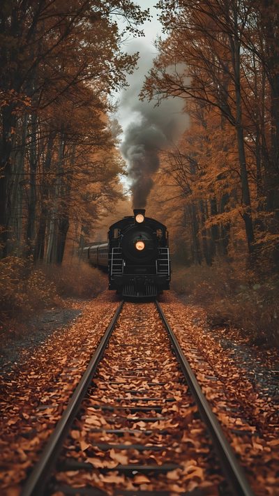 a train traveling through a forest filled with lots of trees covered in fall colored leaves Halloween Train Front Of Train, Old Train Photograph, Autumn Train Photography, Fall Train, dark olive green
