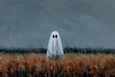 a painting of a ghost in a field with tall grass and dark clouds behind it Halloween Laptop Ghost Spooky Desktop, Spooky Macbook, Ghost Aesthetic Laptop, Spooky Laptop, dim gray