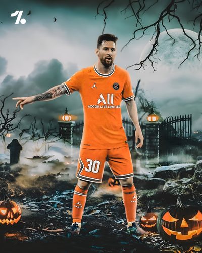 a man in an orange soccer uniform standing next to pumpkins Football Halloween Psg Football Players For Halloween, Halloween Football Posters, Halloween Soccer Decoration, dim gray