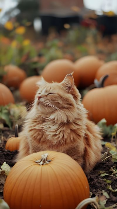an orange cat is sitting in the middle of pumpkins on the ground and looking up Orange Cat Halloween Cozy Autumn Cat Photos, Cat Fall, Pumpkin Patch With Cats, Cats And Pumpkins, sienna