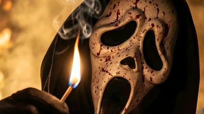 a person wearing a mask holding a lit match Halloween Halloween Scream Scream Scene, Scream Widgets, Scream Macbook, Scream Background, saddle brown