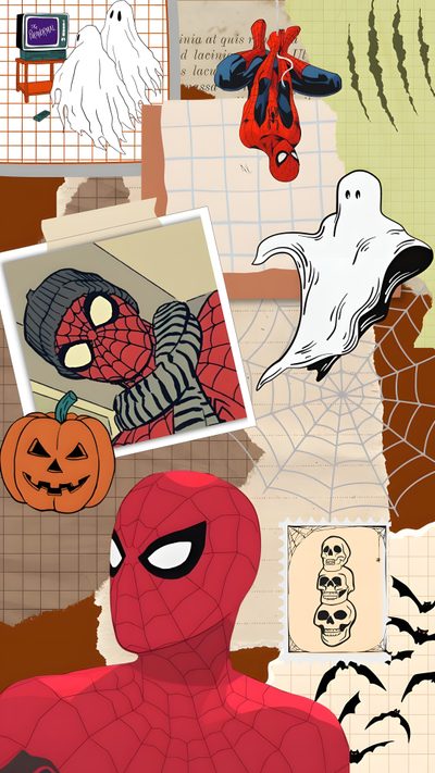 a collage of halloween pictures with spiderman, ghost and pumpkins in the background Halloween Spiderman Marvel Halloween Background, Fall Men, Halloween Spider Man, Fall Spiderman, tan