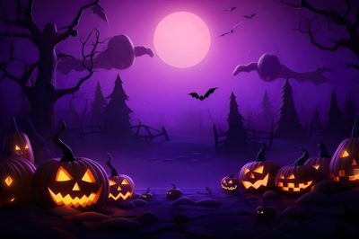halloween night with pumpkins and bats on the ground Purple Halloween 4k Halloween Theme Background, Cute Halloween Computer, Halloween Bg, midnight blue