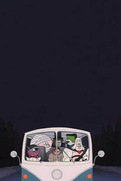 an old bus with cartoon characters in the passenger seat driving down a road at night Regular Show Halloween Regular Show Christmas, Regular Show Aesthetic, Regular Show Halloween, Show, black