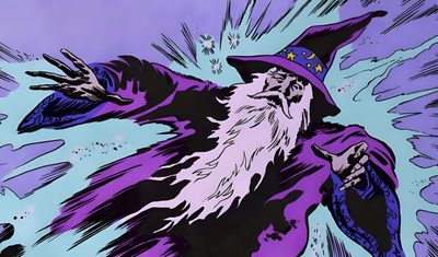 an old wizard flying through the air with his hand on his hip and wearing a purple hat Merlin Wizard Halloween Rainbow Purple Character Random, Desktop, My Character Core,
