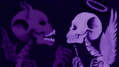 two skulls with wings and an angel on their heads are in front of a purple background Halloween Skull Purple Custom Purple Computer Background Aesthetic, Purple Goth Banner, Pc 1920x1080 Full Hd Dark Purple Aesthetic, black