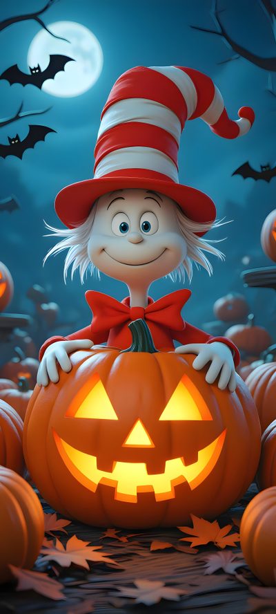 a cat in the hat sitting on top of a pumpkin Halloween Characters Halloween Live, Halloween Iphone Backgrounds, Cute Owls, dark olive green