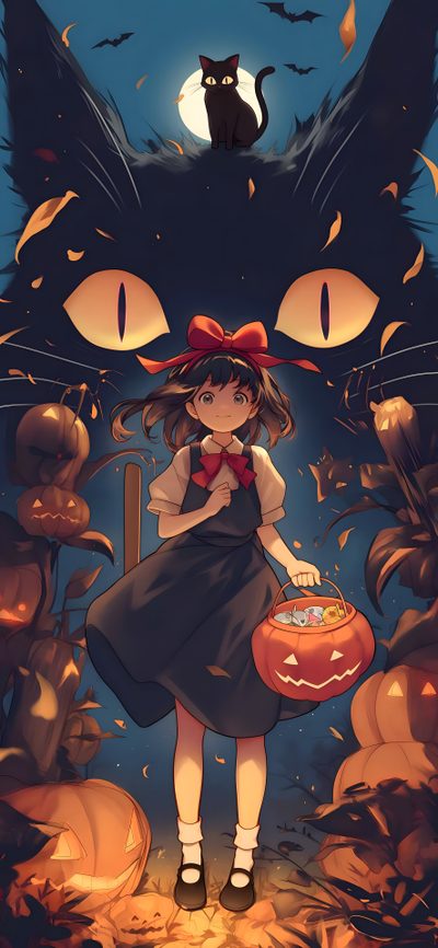 a black cat with a red bow standing next to a girl in front of pumpkins Studio Ghibli Halloween Cute Kikis Delivery Service, Studio Ghibli Halloween Background, Studio Ghibli Halloween, dark slate gray