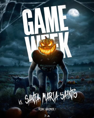 a man in a football uniform with a pumpkin on his head and the words game week Cool Halloween Football Football Game Night Design, Halloween Football Banner Ideas, Halloween Themed Football Posters, dark slate gray
