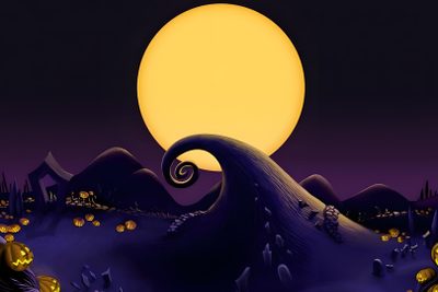 an animated halloween scene with pumpkins on the ground Halloween Tumblr Nightmare Before Christmas Sky, Nightmare Before Christmas Mountain, Nightmare Before Christmas Hills, black