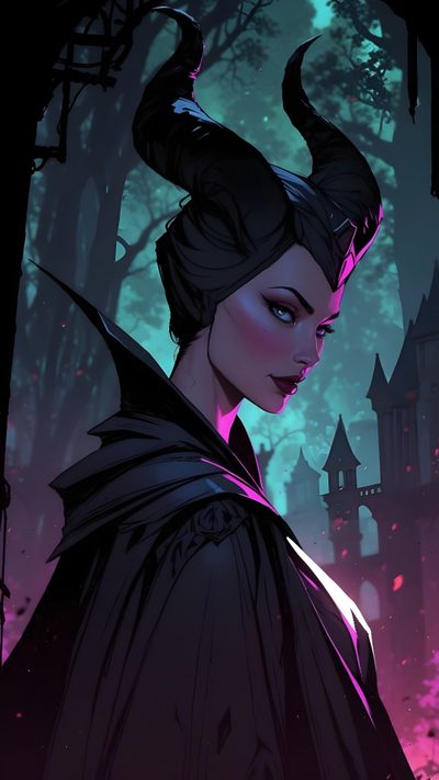 a woman with horns on her head standing in front of a castle and trees at night Maleficent Halloween Female Villains, Disney Maleficent, Disney Villains Art, Disney Artwork, black