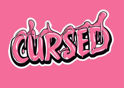 the word cursed written in pink and black ink on a pink background with white letters Pink Halloween Words Custom Pink Halloween Text Art, Pink Aesthetic Halloween Text, Pink Spooky Graphic Design, pale violet red