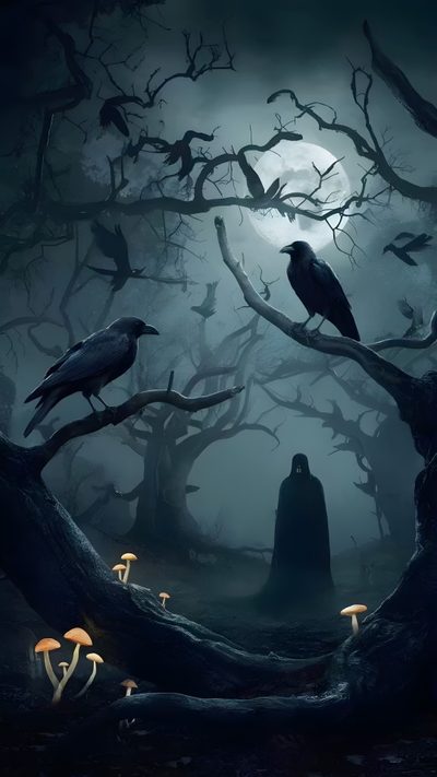 Spooky Forest Wallpaper, Spooky Forest Wallpaper Ideas, Scary Crow Wallpaper, Spooky Night Wallpaper, Dark Spooky Wallpaper, Spooky Spooky Dark Scary Wallpaper, Spooky Crow Wallpaper, Spooky Halloween Wallpaper Scary, Dark Forest With Crow Halloween Crow Dark Custom Spooky Forest, Spooky Forest Ideas, Scary Crow, Spooky Night, dark slate gray
