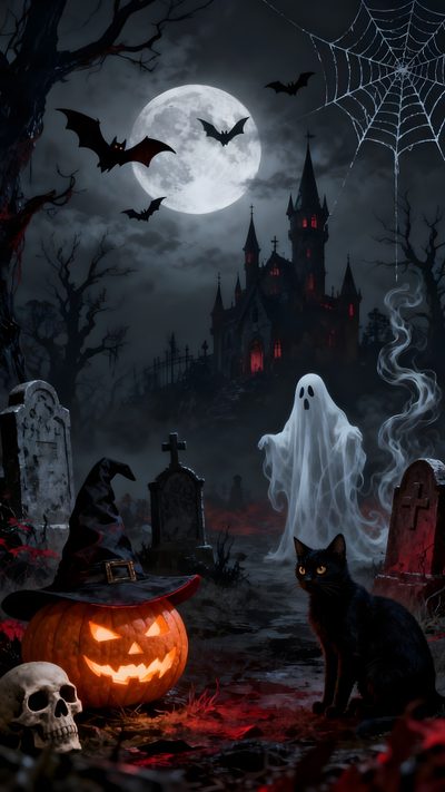 a cat sitting next to a pumpkin in front of a cemetery with a ghost on it Halloween 2023 Haunted House Pictures, Vintage Halloween Images, Happy Halloween Pictures, black