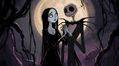 a couple dressed up as jack and sally in front of a full moon Nightmare Before Christmas Halloween Town Tim Burton Ipad, Nightmare Before Christmas Laptop Backgrounds, Tim Burton Computer, dark slate gray