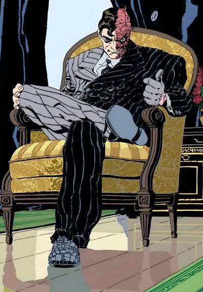 a man sitting on top of a chair in front of a window wearing a suit and tie The Long Halloween 2 Face Pfp, Two Face Batman, Harvey Dent Comics, Two Face Comics, Two Face Pfp Dc, dim gray