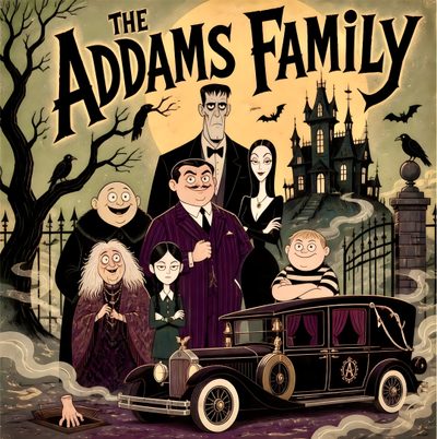 the addams family poster with an old car Halloween Addams Family Adams Family Art, Diy Halloween Village, The Addams Family, dark olive green