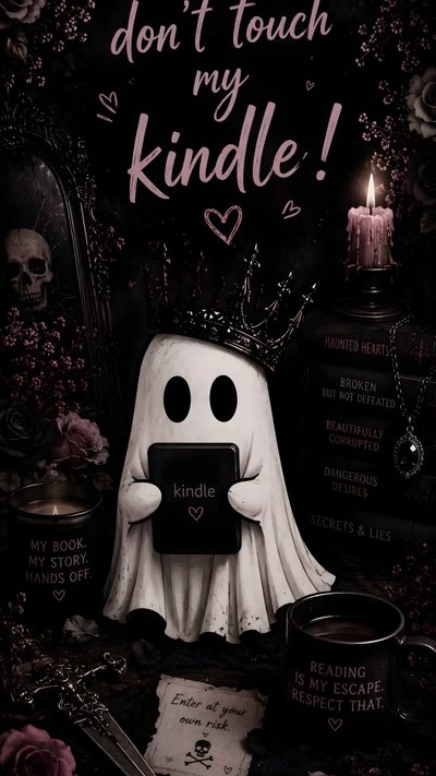 a poster with a ghost holding a book in it's hands and the words don't touch my kindle Halloween Kindle Bookish, Ghost, Horror Books Aesthetic, Kindle, Kindle Aesthetic, Book, black