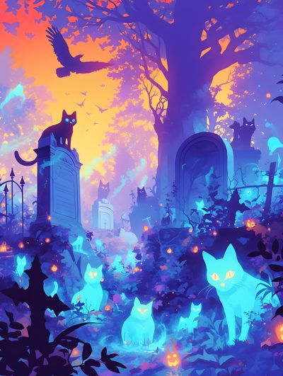 a painting of cats in a graveyard at night Vaporwave Halloween Spooky Anime Background, Nightcore Art, Halloween Scenery Art, slate blue