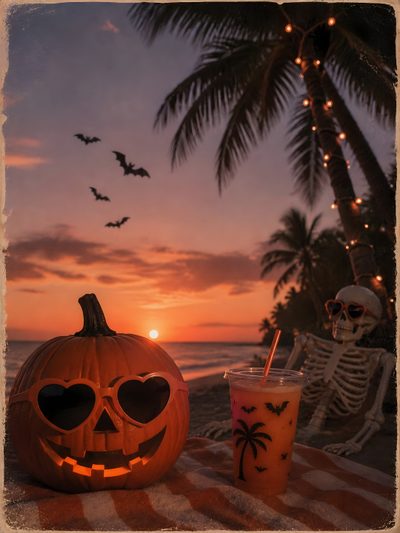 a pumpkin with sunglasses and a drink sitting on a table next to the ocean at sunset Halloween Tropical Halloween Photo, Halloween Summer, Summerween Aesthetic, Fall Memes, saddle brown