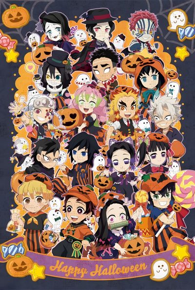 an image of halloween characters with pumpkins and jack - o'lanterns on them Demon Slayer Halloween Demon Slayer Thanksgiving, Halloween Demon Slayer, Demon Slayer Halloween, sienna