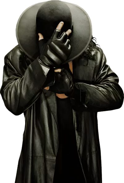 a man in black jacket and hat covering his face with a leather coat over his head Wwe Halloween The Undertaker Symbol, Undertaker Logo Png, Wwe Kane Mask, dark slate gray