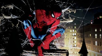 spider - man in front of a cityscape at night Halloween Spider Man Box Office, Brand New Day, Track, New Day, Spiderman, Brand New, black