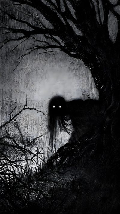 a black and white photo of a tree with a creepy face in the dark forest Halloween Ghost Tree Horror Drawings Creepy Demons, Ghost Drawing Scary Dark, Creepy Forest Art Inspiration, black
