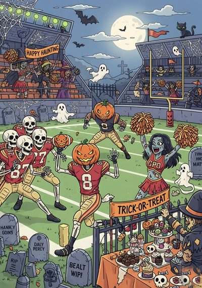 Dive into the spirit of spooky season with this unique Halloween football illustration. Featuring skeleton players and ghostly fans in a vintage-style art. Perfect for digital wallpaper, Halloween party invites, or as a fun print for your spooky home decor. Get ready for a frightfully good game day with this one-of-a-kind fan art! #HalloweenAesthetic #SpookySeason #HalloweenArt #FootballArt #FanArt #VintageIllustration #DigitalArt Halloween Game 2020, Halloween Search And Find Pictures, Hidden Object Halloween, Halloween Map, Halloween Sports, Halloween Football Game, Football Halloween, Halloween Neighborhood, Halloween Scene Comic Illustration Halloween Football Halloween Game 2020, Halloween Search And Find Pictures, Hidden Object Halloween, gray